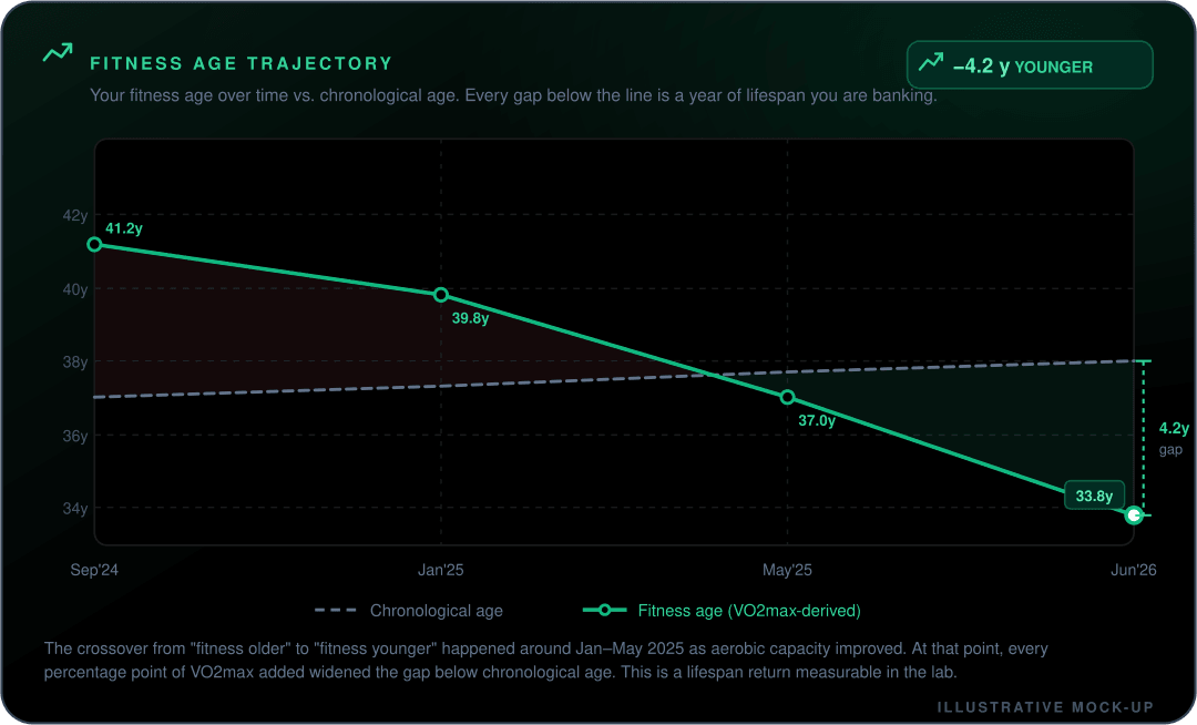 Mock-up of the Misi fitness age trajectory chart showing fitness age dropping below chronological age over a training block.
