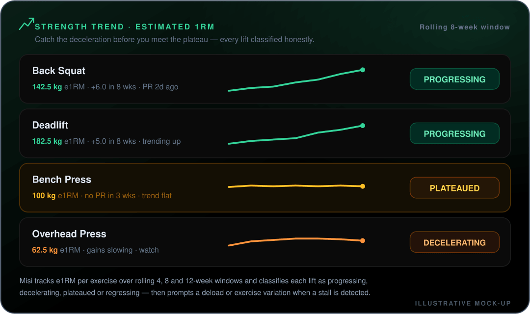 Mock-up of the Misi strength trend view showing estimated one-rep-max trajectories over a rolling 8-week window for four lifts: Back Squat 142.5kg rising and rated progressing, Deadlift 182.5kg rising and progressing, Bench Press 100kg flat with no PR in three weeks and flagged plateaued, and Overhead Press 62.5kg with slowing gains flagged decelerating.